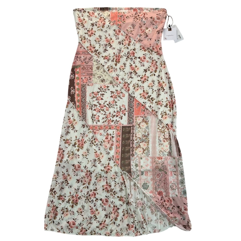 Originality Juniors Large Pink Patchwork Floral Mesh Strapless Midi Dress NWT